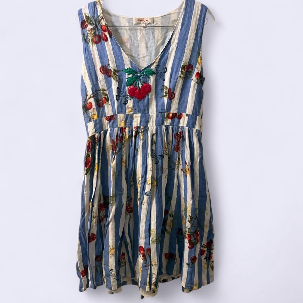 Maison Derhy Striped Blue and White Midi Dress with Cherry Print